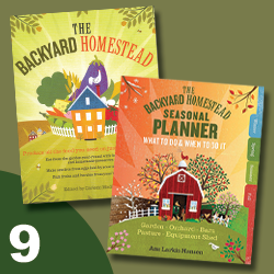 Tile labeled #9 featuring the books The Backyard Homestead and The Backyard Homestead Seasonal Planner; click to get deal.